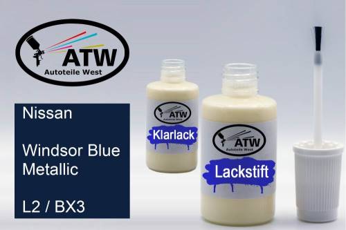 Nissan, Windsor Blue Metallic, L2 / BX3: 20ml Lackstift + 20ml Klarlack - Set, von ATW Autoteile West.